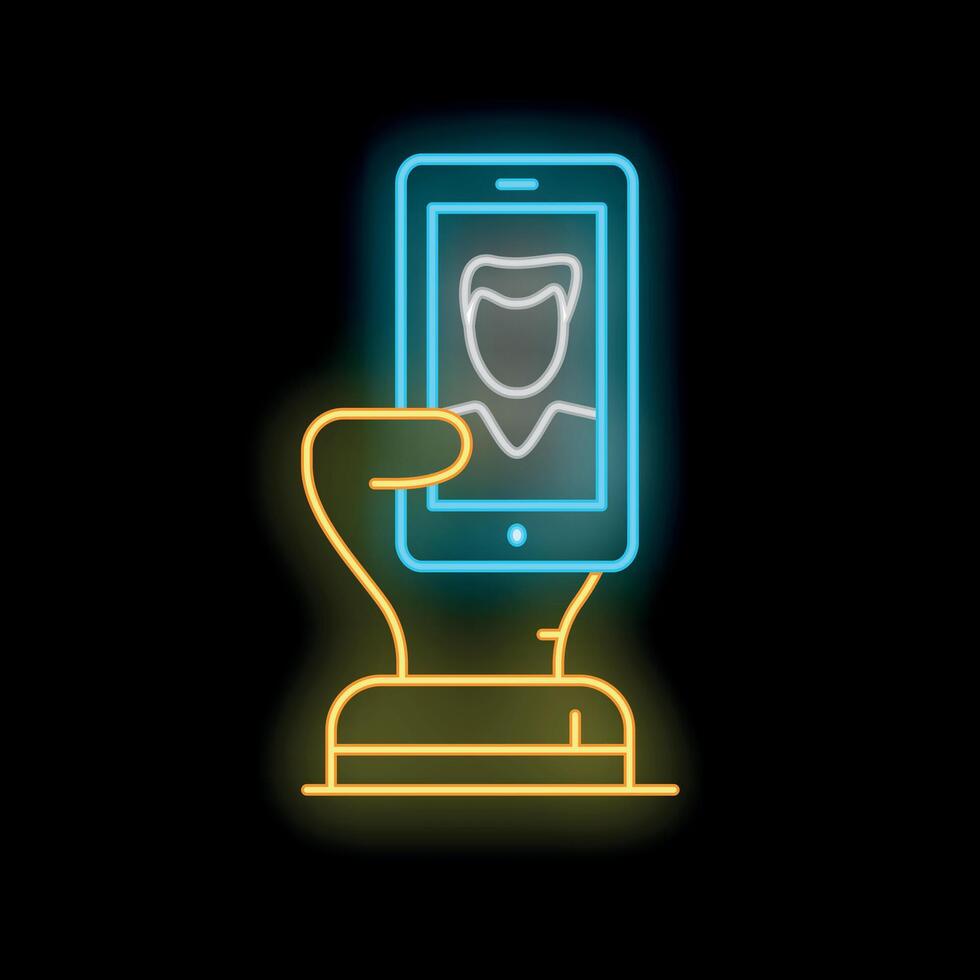 Neon sign of hand holding smartphone showing user profile picture vector