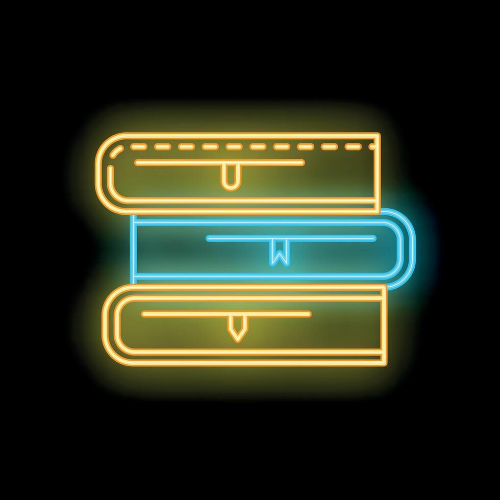 Glowing neon sign depicting stack of three books with bookmarks on black background vector