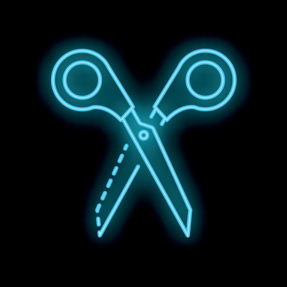 Blue neon scissors icon is glowing on a black background vector