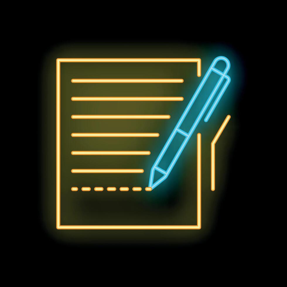 Neon icon of pen signing contract document on black background vector