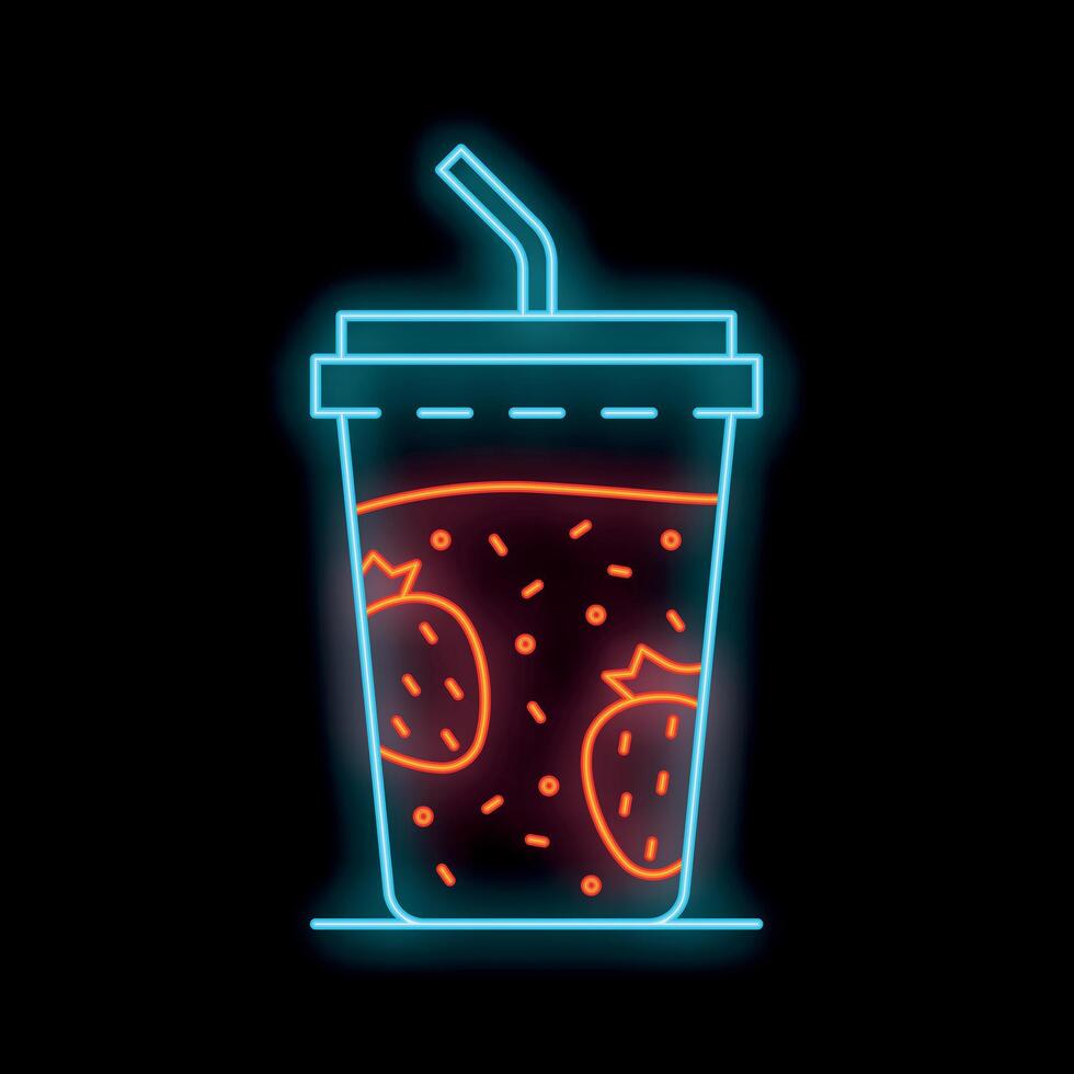 Glowing neon sign of strawberry milkshake with drinking straw on black background vector