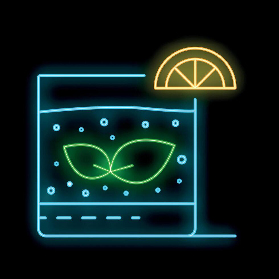 Neon sign showing glass with refreshing cocktail containing mint and lemon slice vector