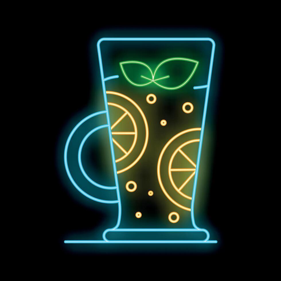 Neon sign showing delicious cocktail with orange and mint on black background vector