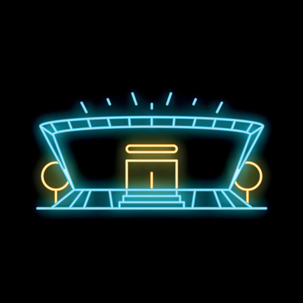 Neon sign showing large stadium at night with entrance and stairs vector
