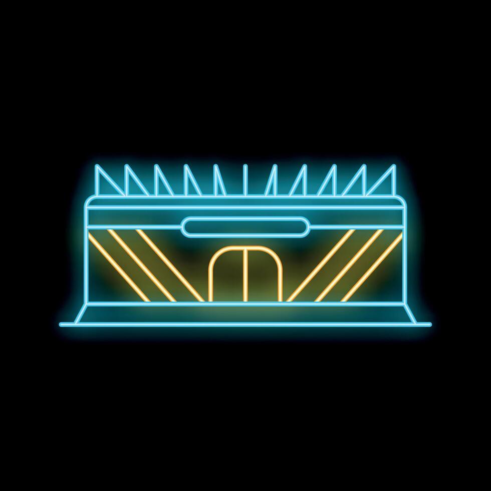 Neon stadium building shining at night on black background vector