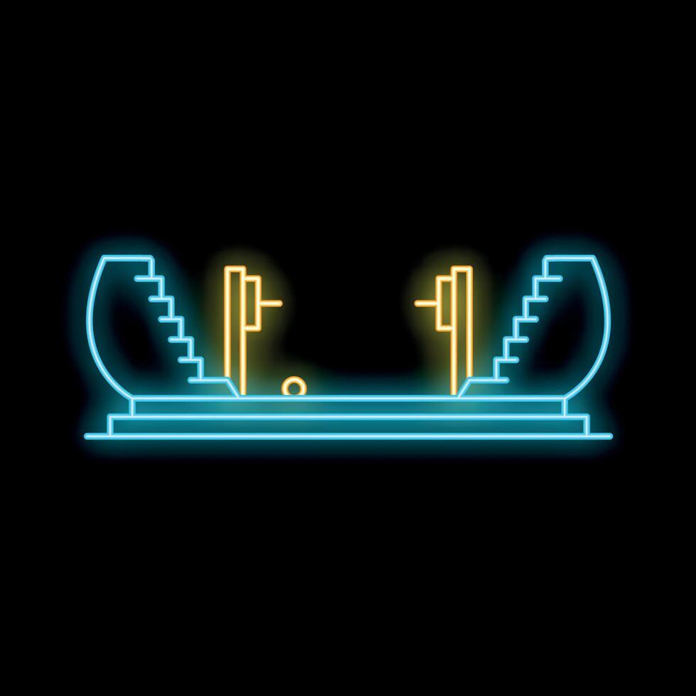 Glowing neon sign depicting weightlifting arena with barbells and empty seats vector