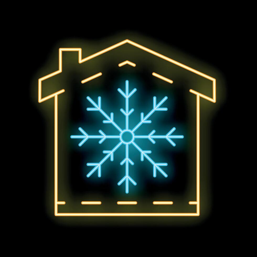 Neon glowing sign of a house with a snowflake inside, representing winter, cold and holidays vector