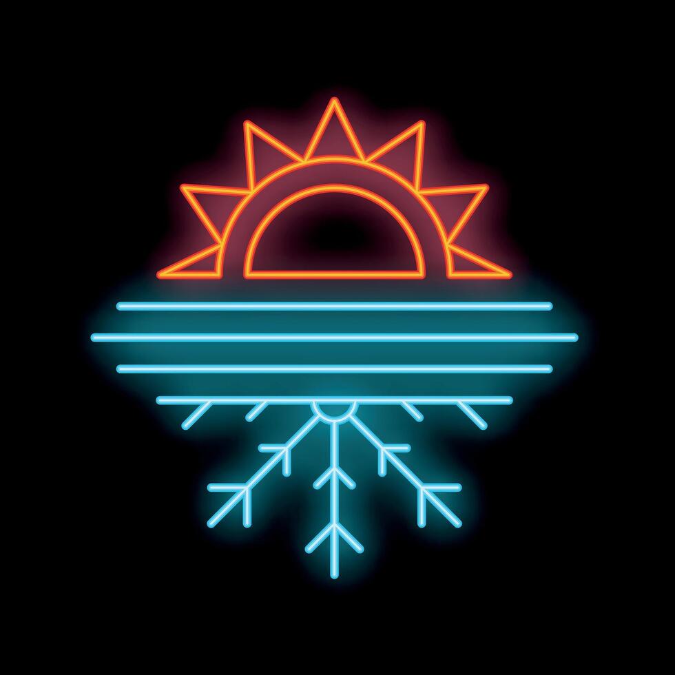 Neon sign showing a sun setting over the horizon and a snowflake vector