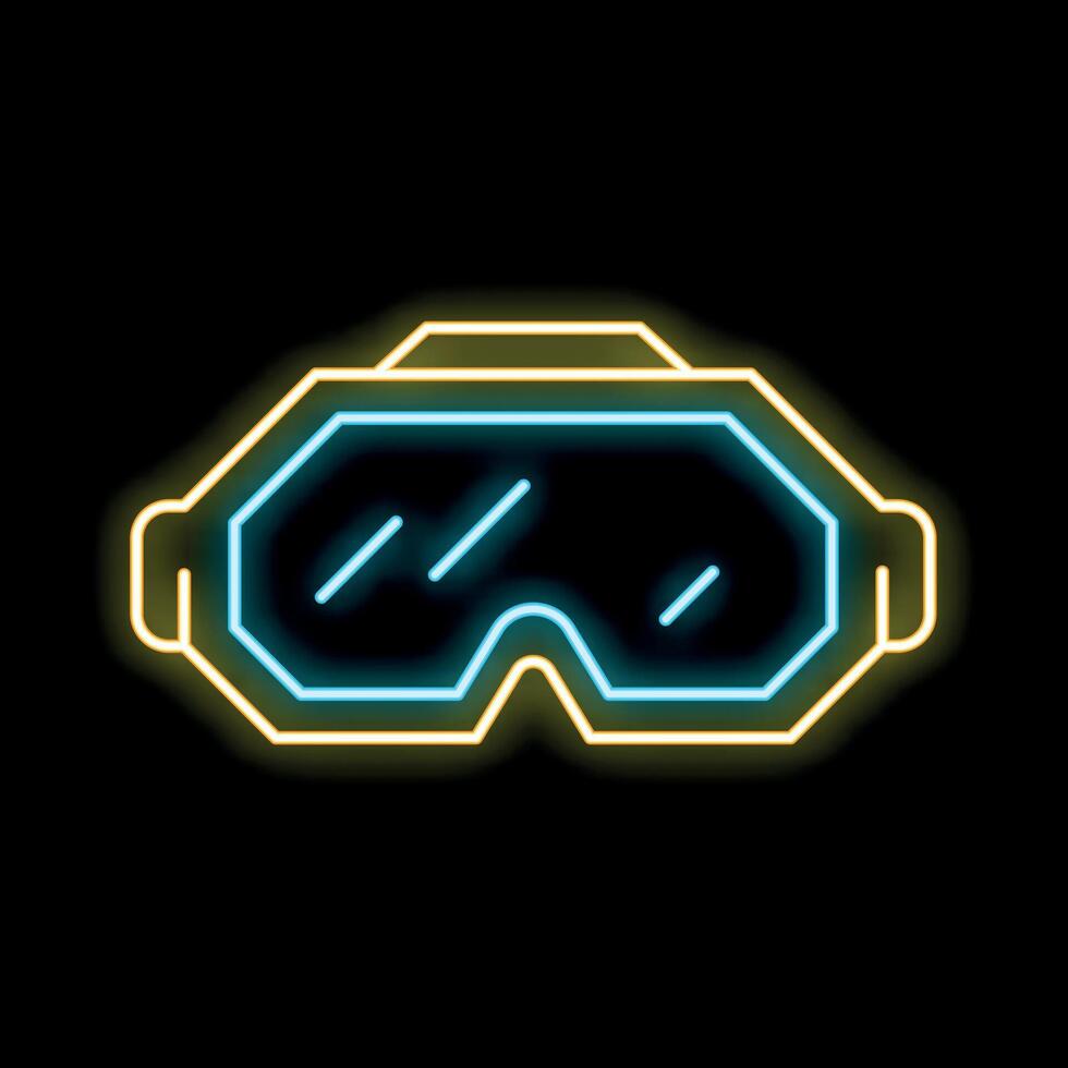 Neon sign of ski goggles with glowing blue glass and yellow frame on black background vector