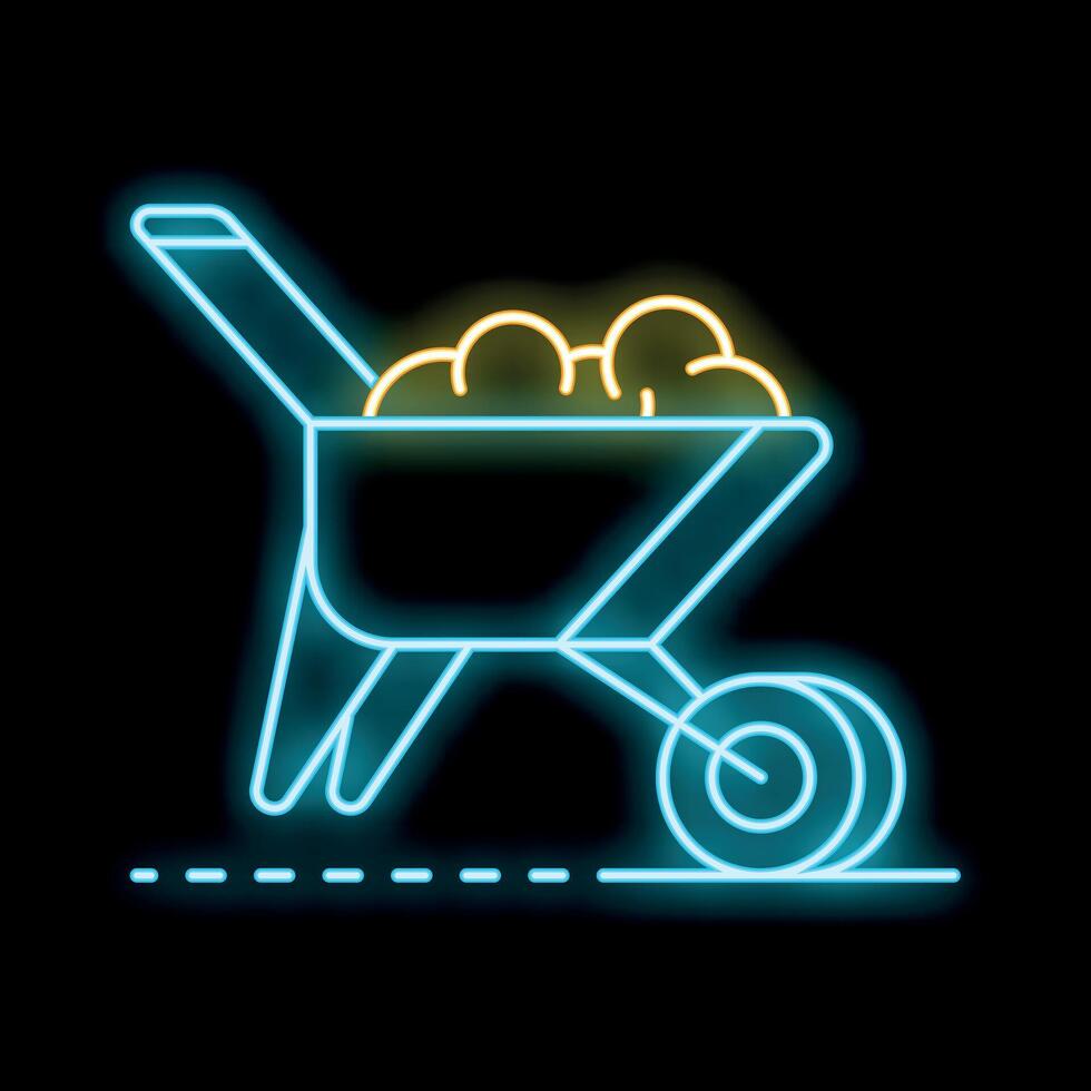 Glowing neon line icon of a wheelbarrow full of stones on the ground vector