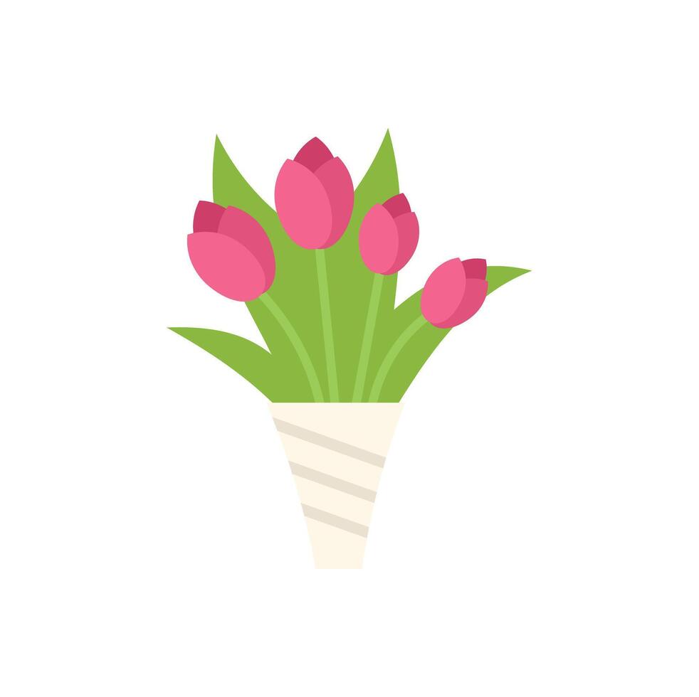 Bouquet of pink tulips standing in paper cone vase vector
