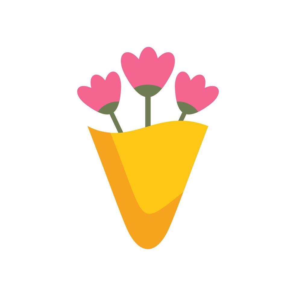 Bouquet of three pink flowers in yellow wrapping paper celebrating spring season vector