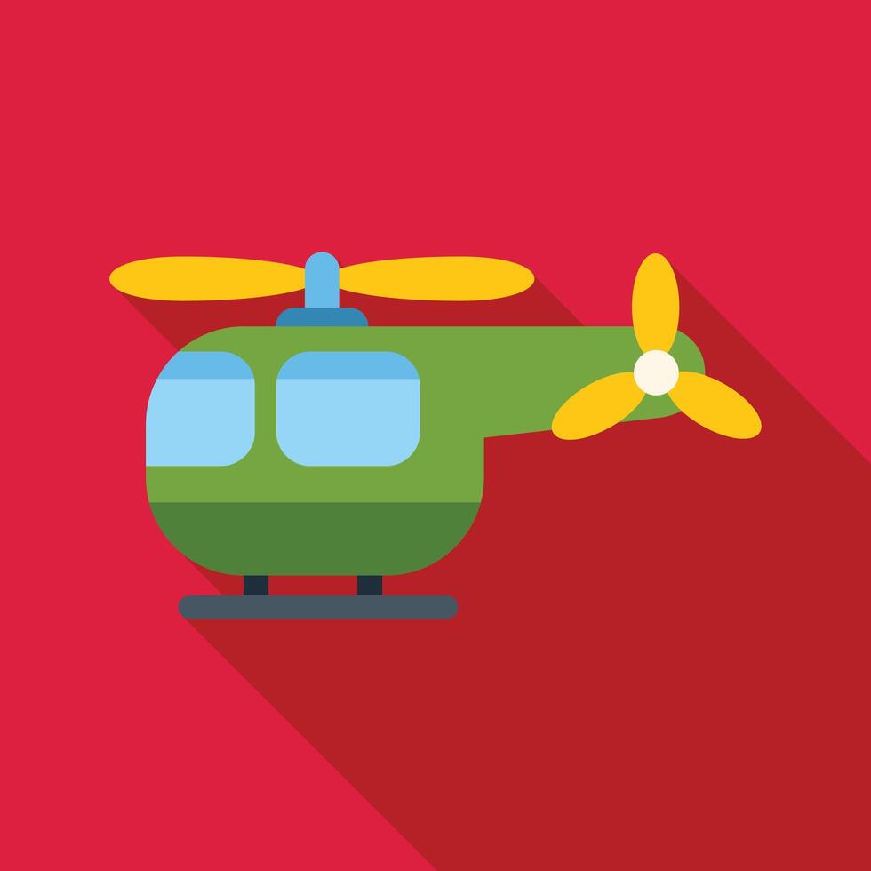 Green helicopter flying with rotating blades on red background vector