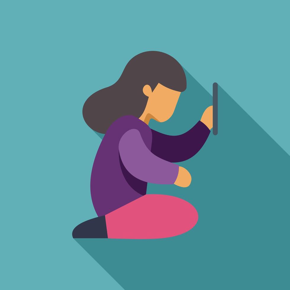 Young woman sitting cross legged using digital tablet computer flat design illustration vector