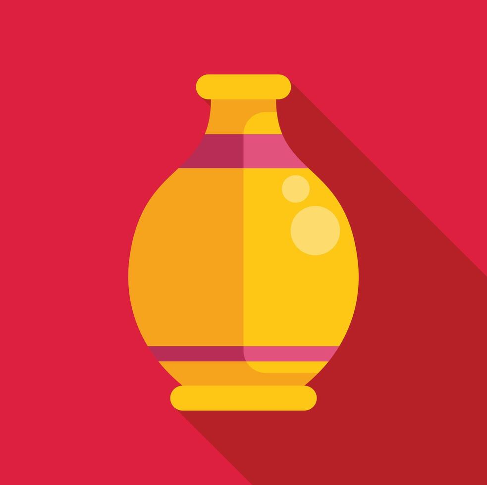 Yellow ceramic vase with pink stripes casting long shadow on red background vector