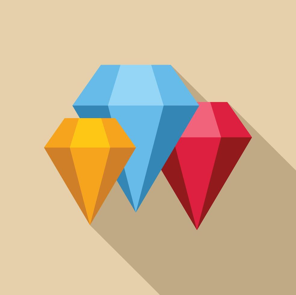 Three colorful diamonds casting long shadows background vector