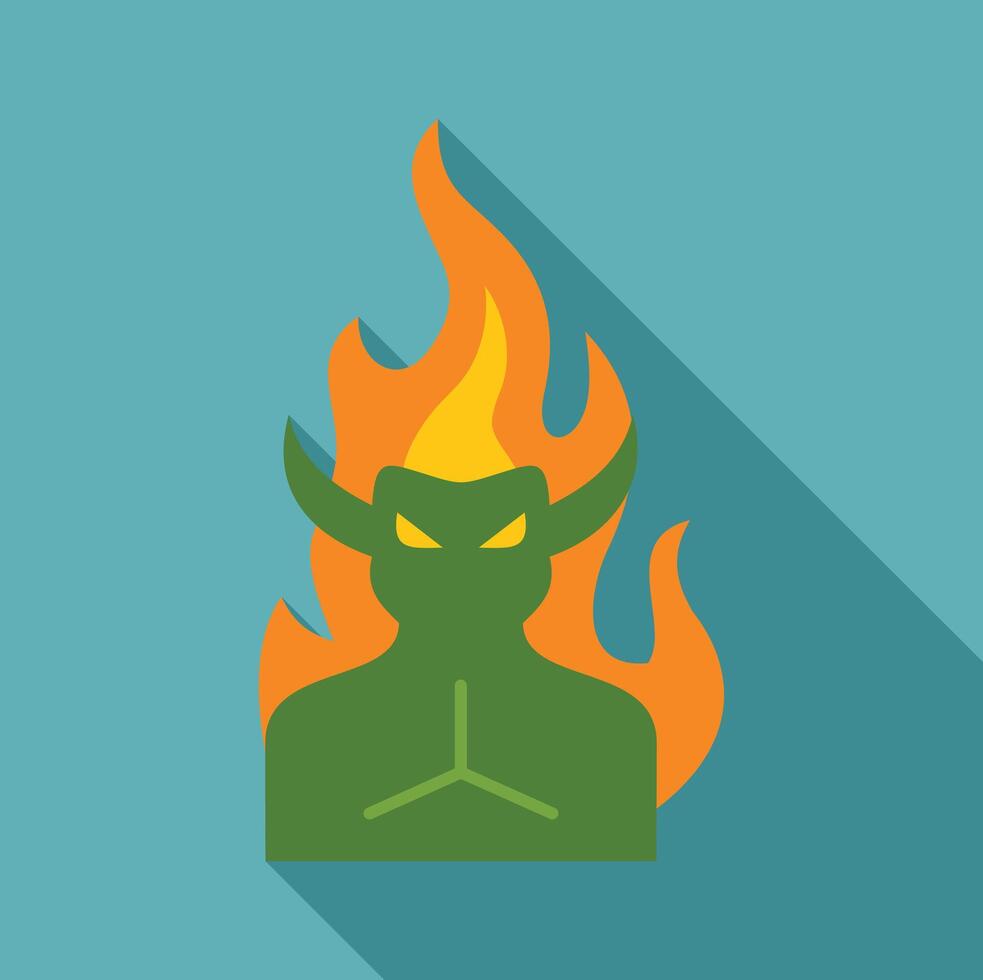 Green devil character surrounded by flames with long shadow vector