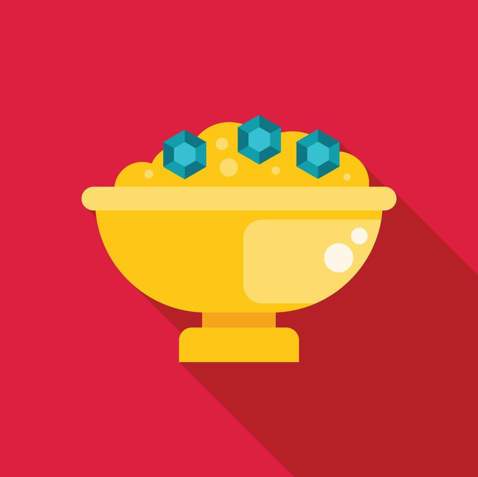 Golden bowl overflowing with precious gemstones on red background vector
