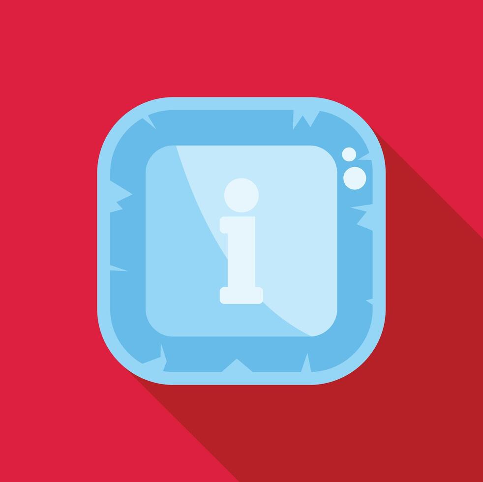 Blue ice cube square information icon with long shadow on red background vector