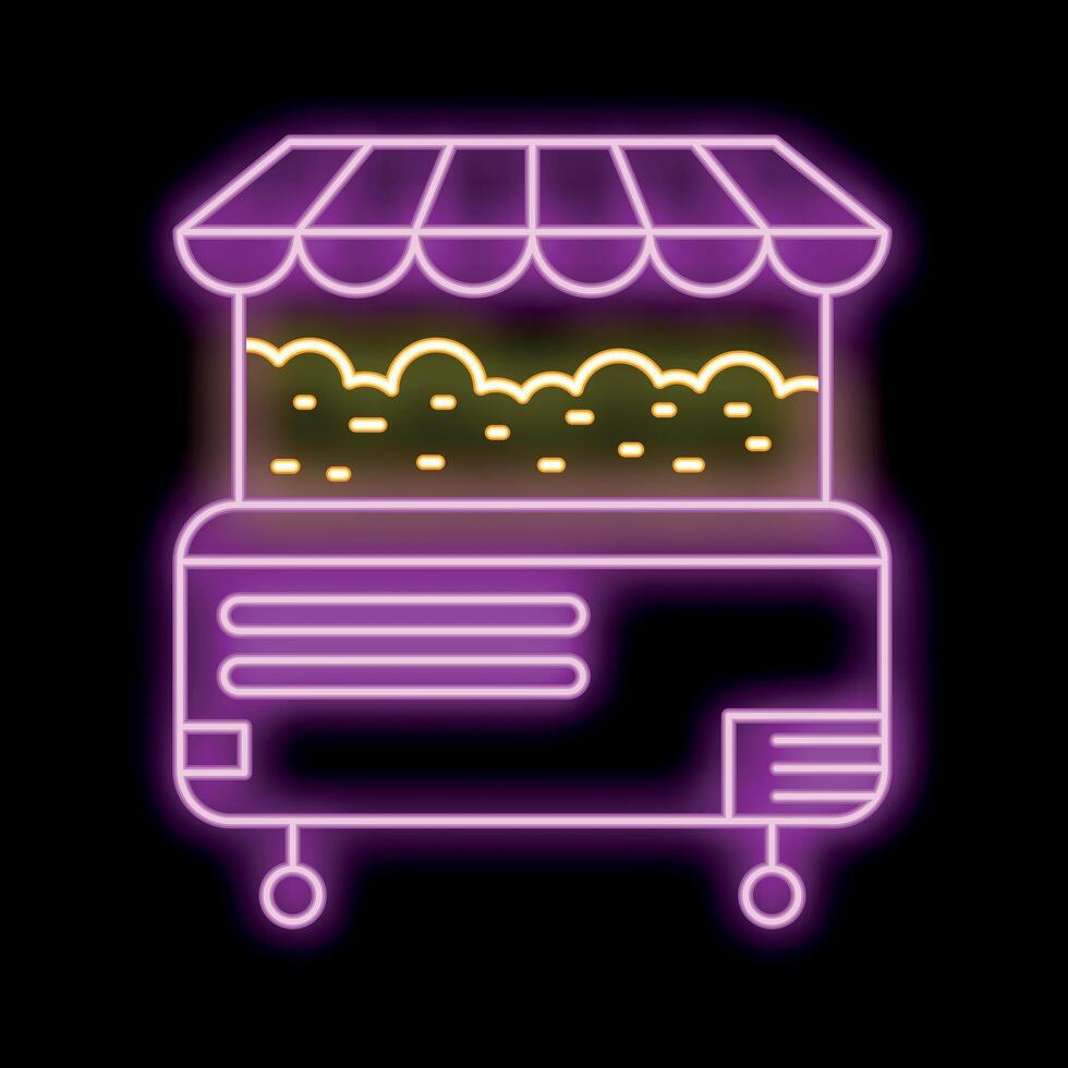 Glowing neon sign of mobile food stand displaying street food on black background vector