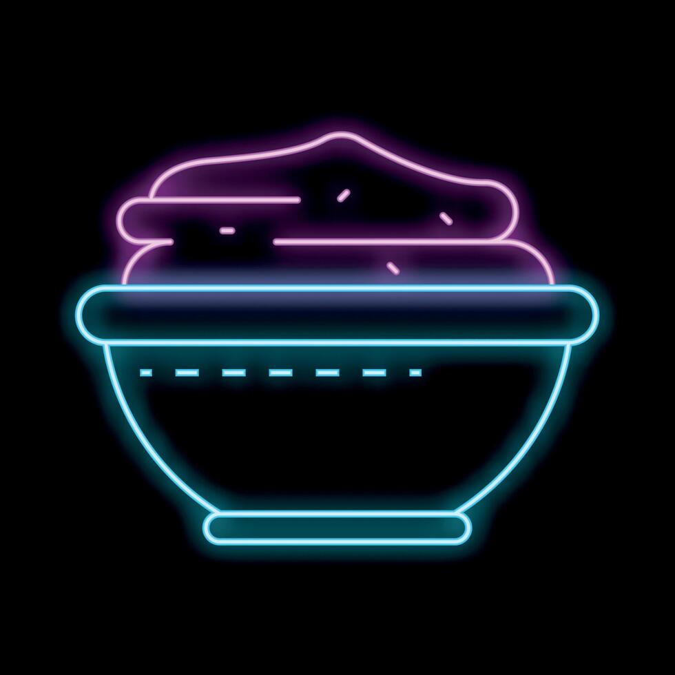 Glowing neon sign of bowl with food on black background vector