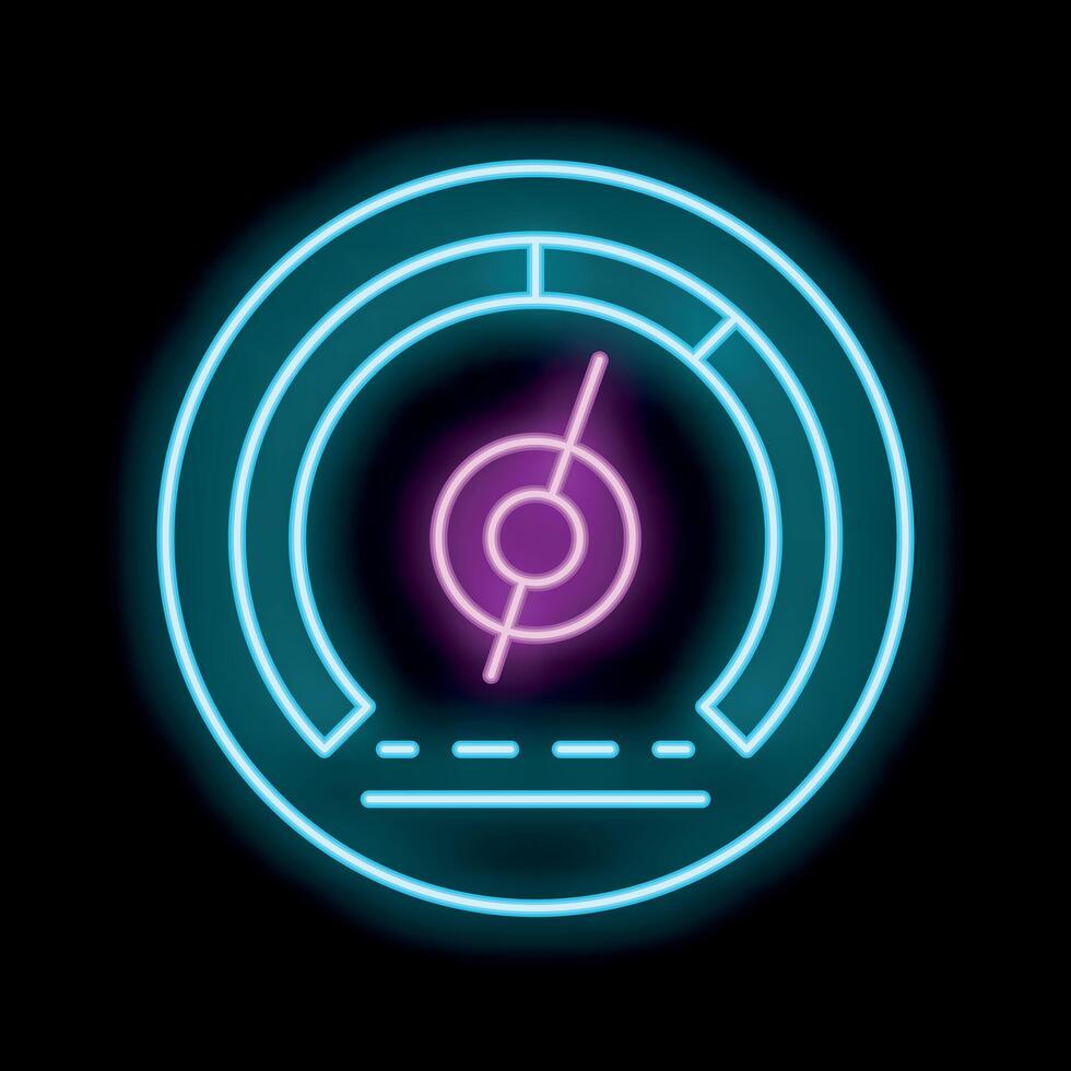 Neon icon of speedometer showing maximum speed level vector