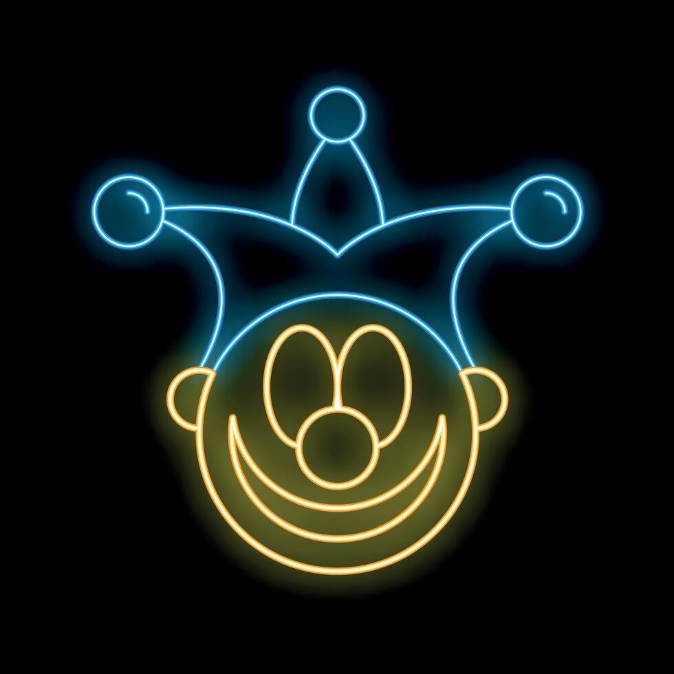 Neon sign representing a smiling clown wearing a hat with bells vector