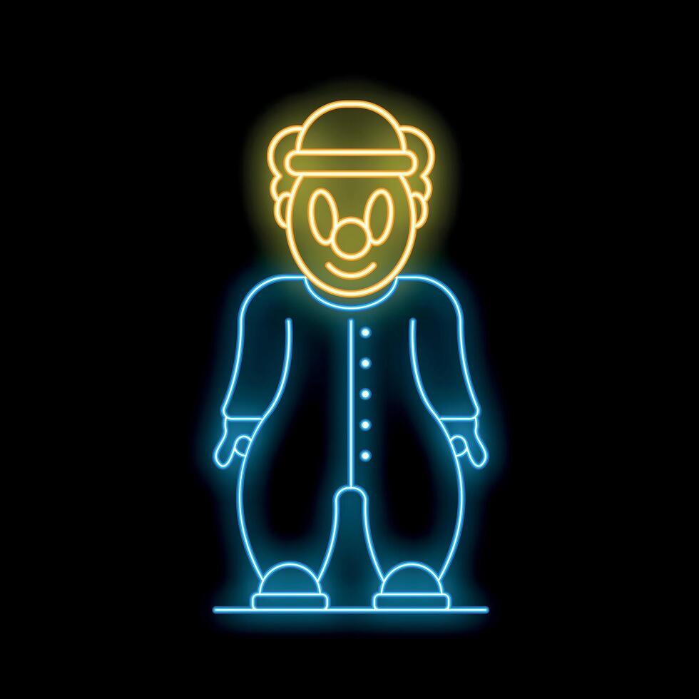 Neon clown standing with big shoes and red nose shining brightly vector
