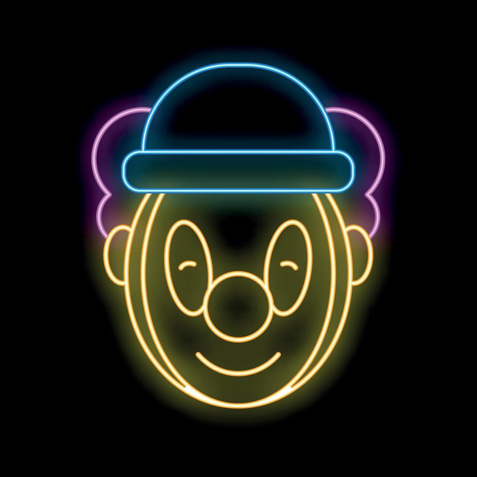 Neon sign representing a clown face with makeup and hat smiling on black background vector