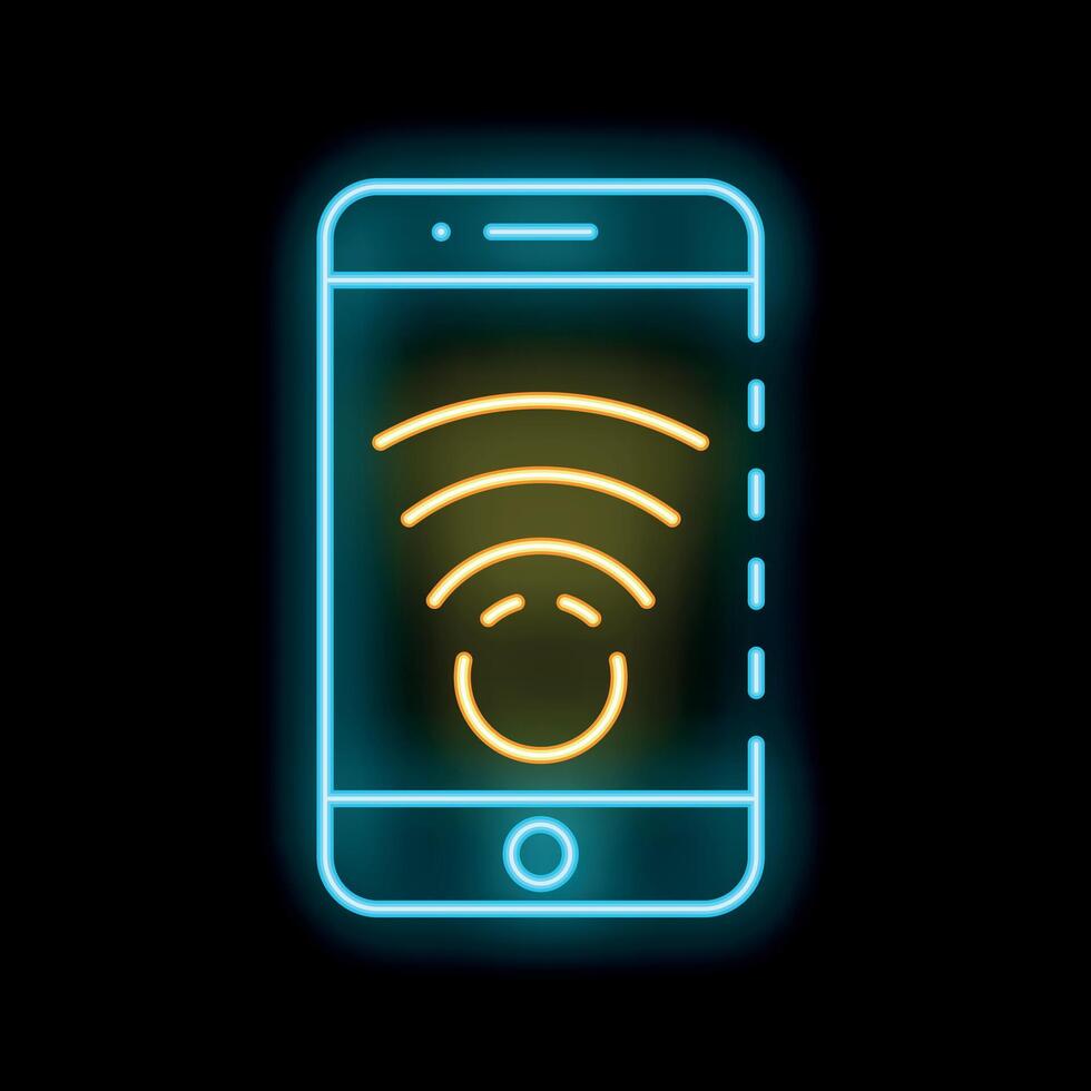 Neon smartphone showing wifi icon and happy emoji on screen vector