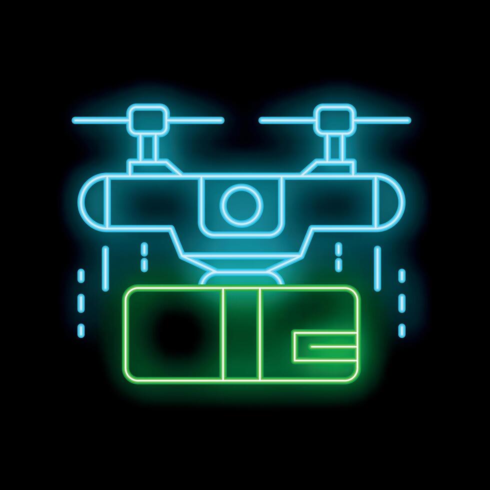 Neon sign of drone delivering package on black background vector