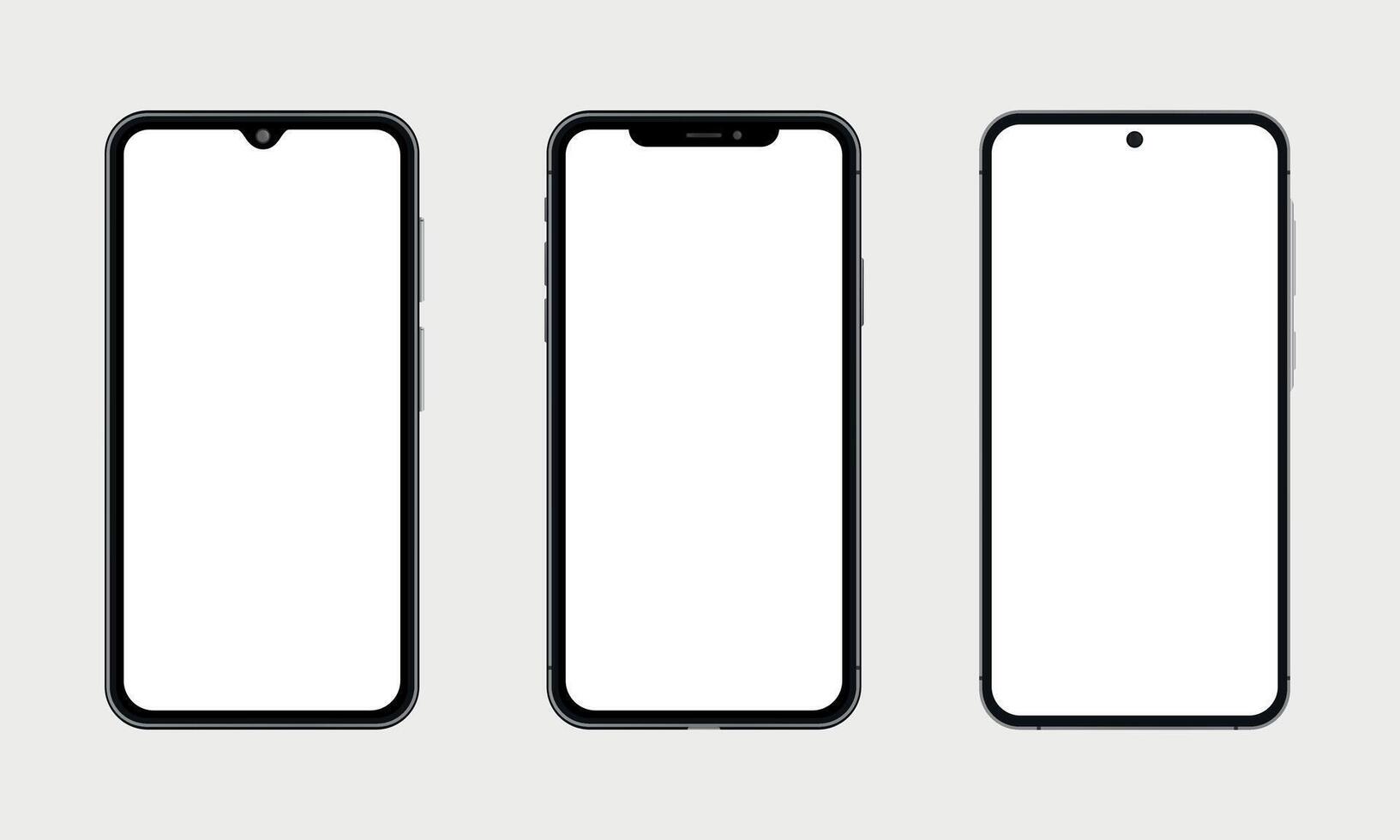 Smartphone Screens Set, Mobile Phone Template, Front View, Frame, Black, Minimalism, Mockup, Isolated vector