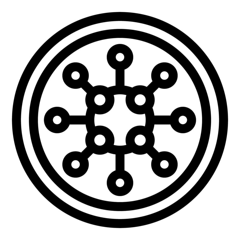 Circular network hub connecting nodes with lines in a radial pattern vector