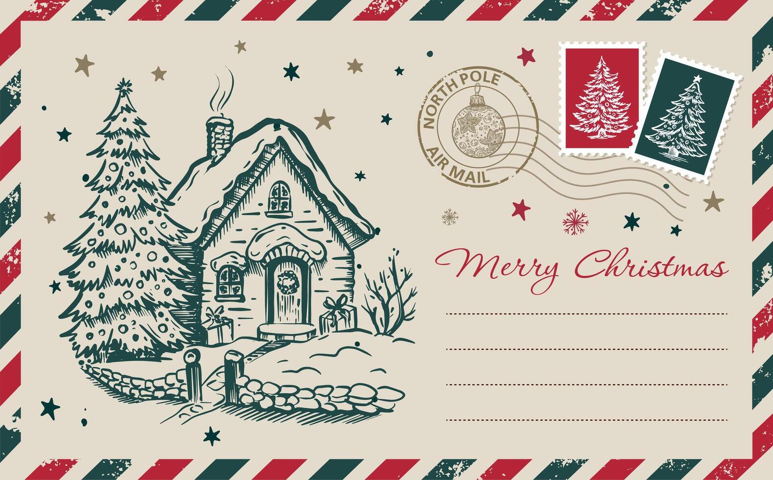 Postcard, Christmas mail with home and tree, hand drawn illustration. vector