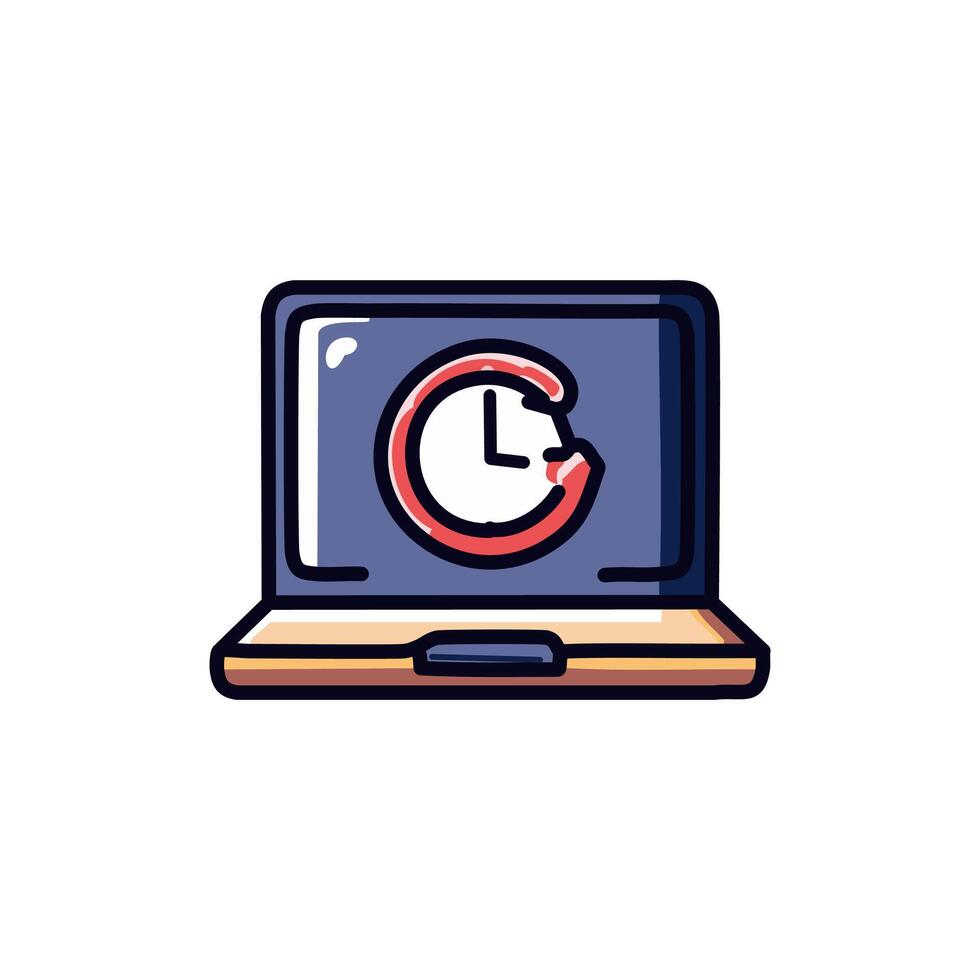 Laptop with clock icon. Working time management symbol illustration. vector