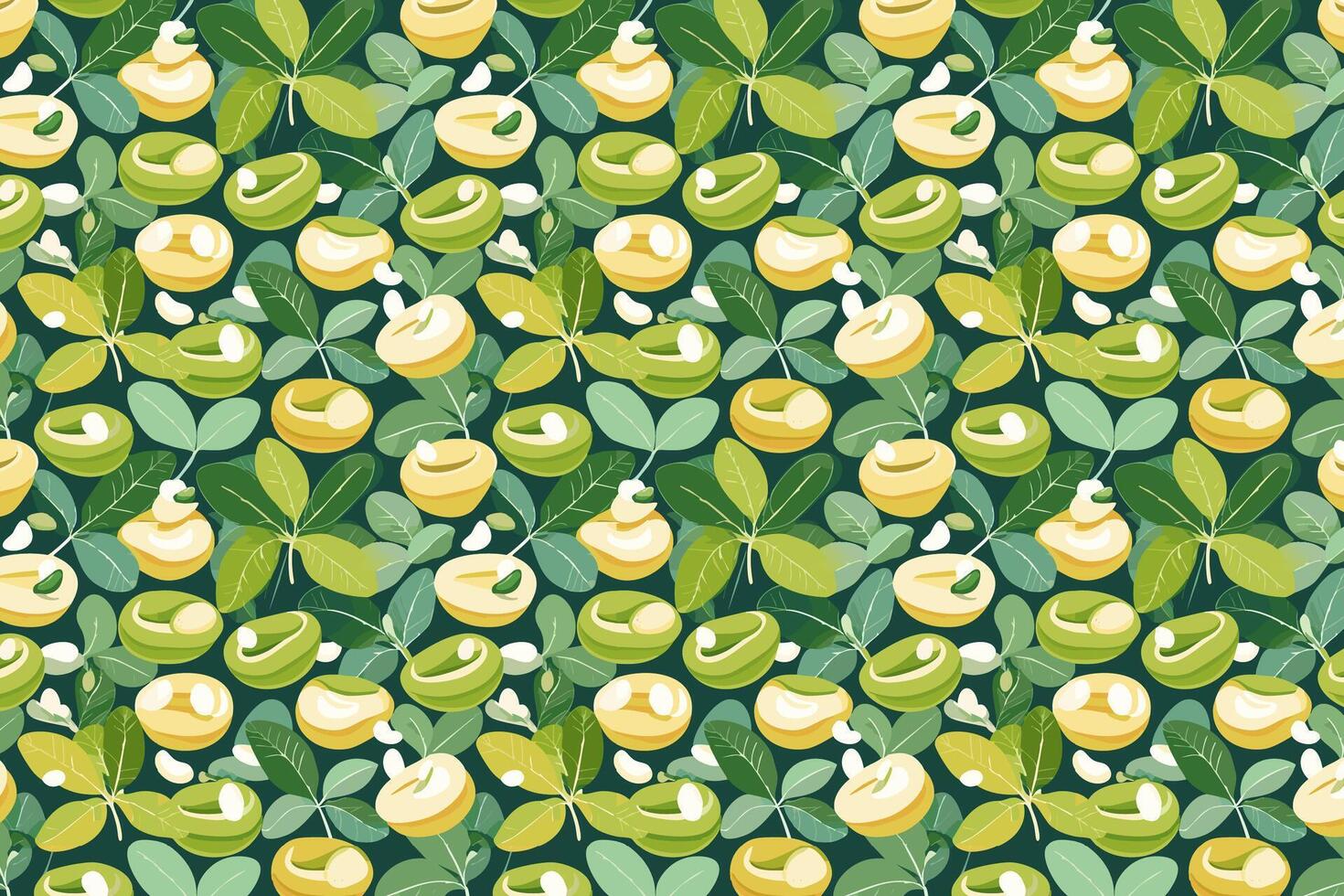 Pattern with green fava beans on green background illustration. vector
