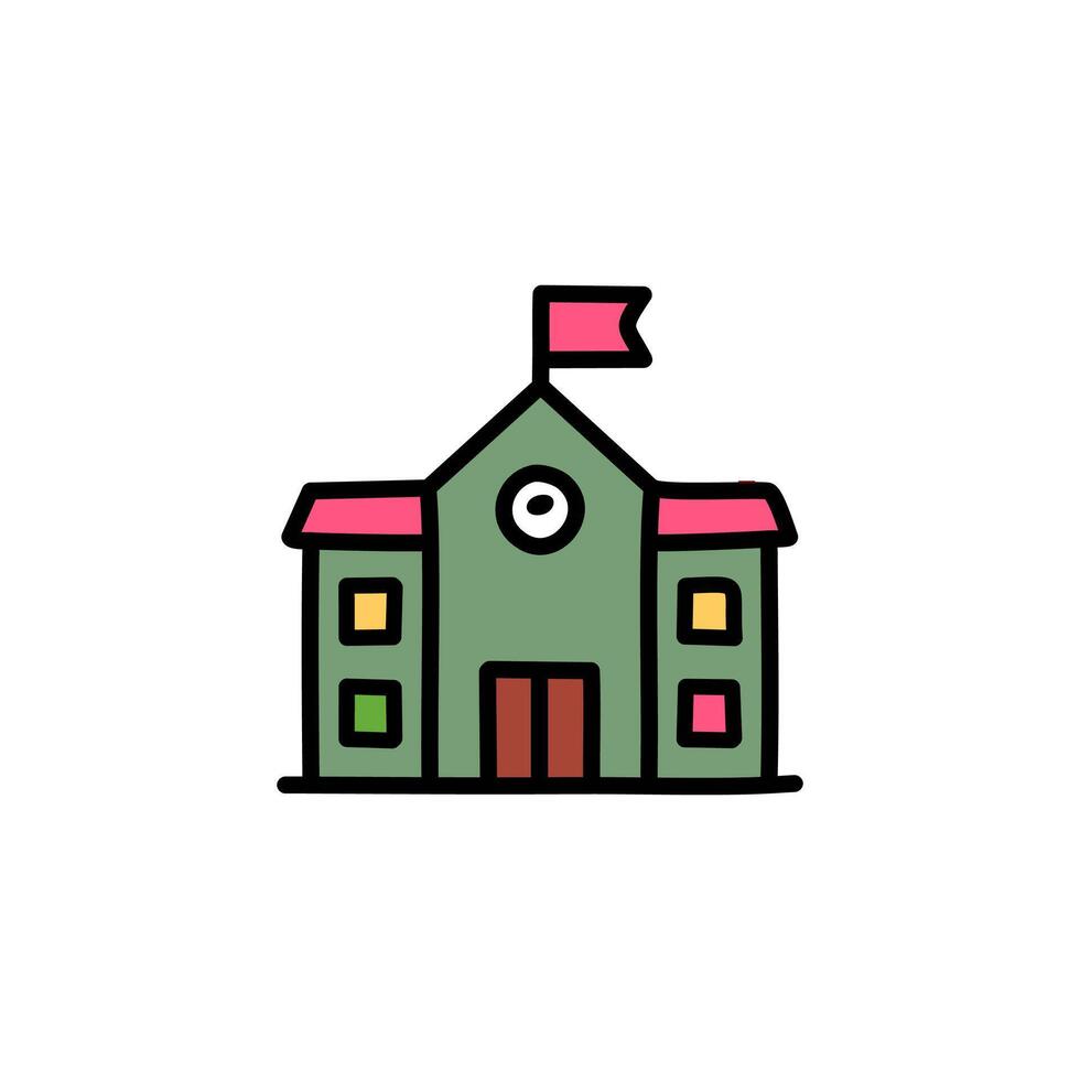 School building icon. University with flag on roof color illustration. vector