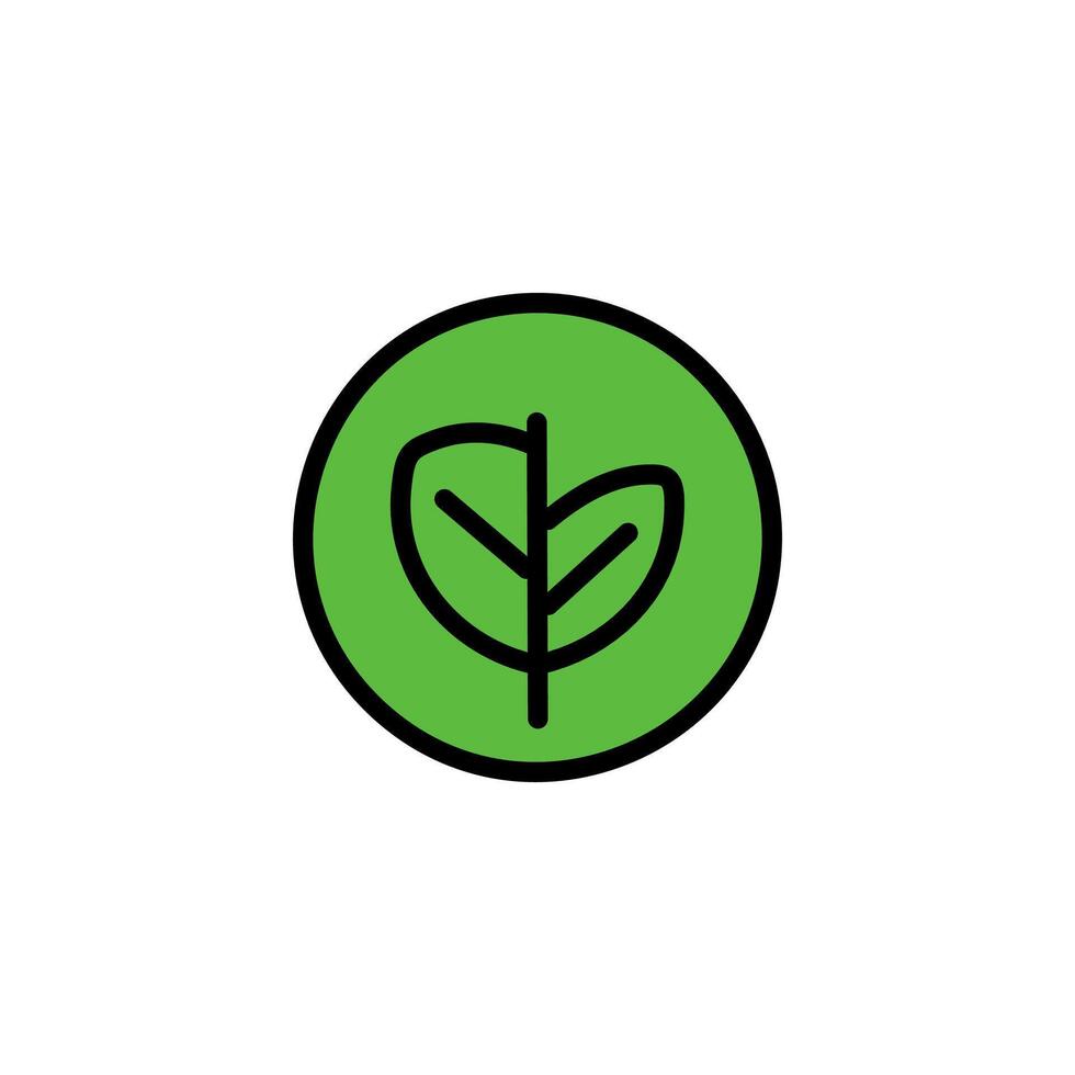 Black outline leaf icon on green circle. Ecology concept with minimal leaves symbol vector