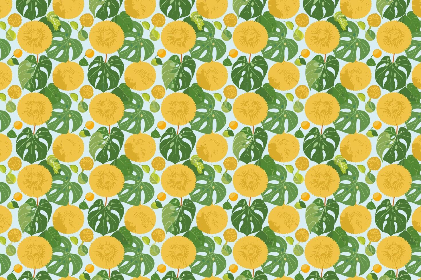 jack fruit and monstera leaves seamless pattern illustration vector