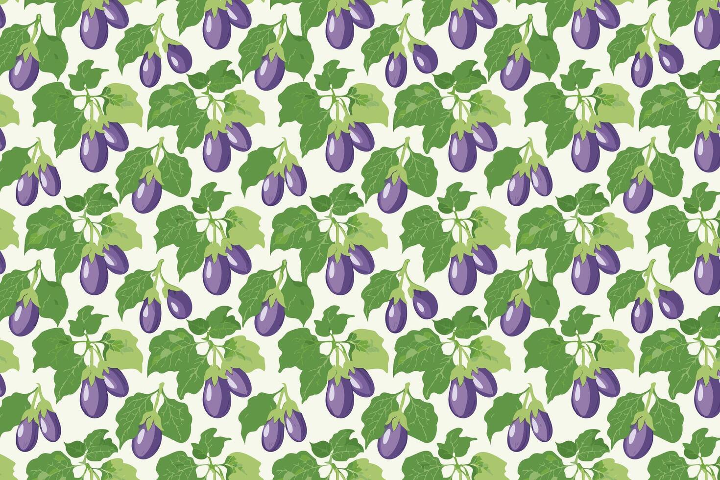 Eggplants pattern. Brinjal vegetable with leaves background. Hand drawn illustration of aubergine fruit.. vector