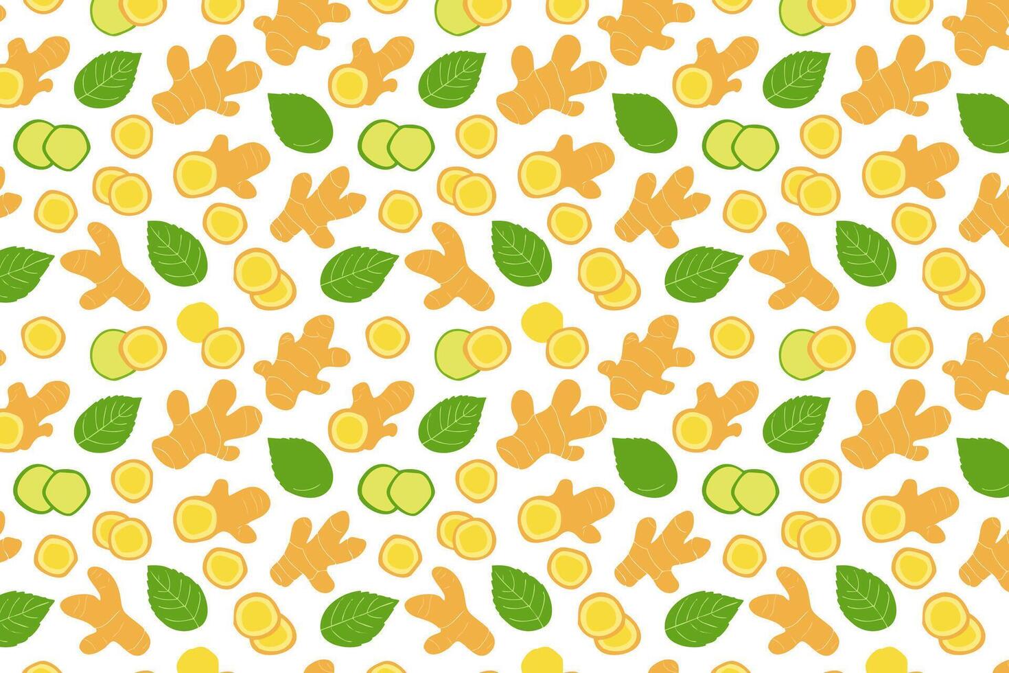 Pattern with ginger root and leaves illustration. vector