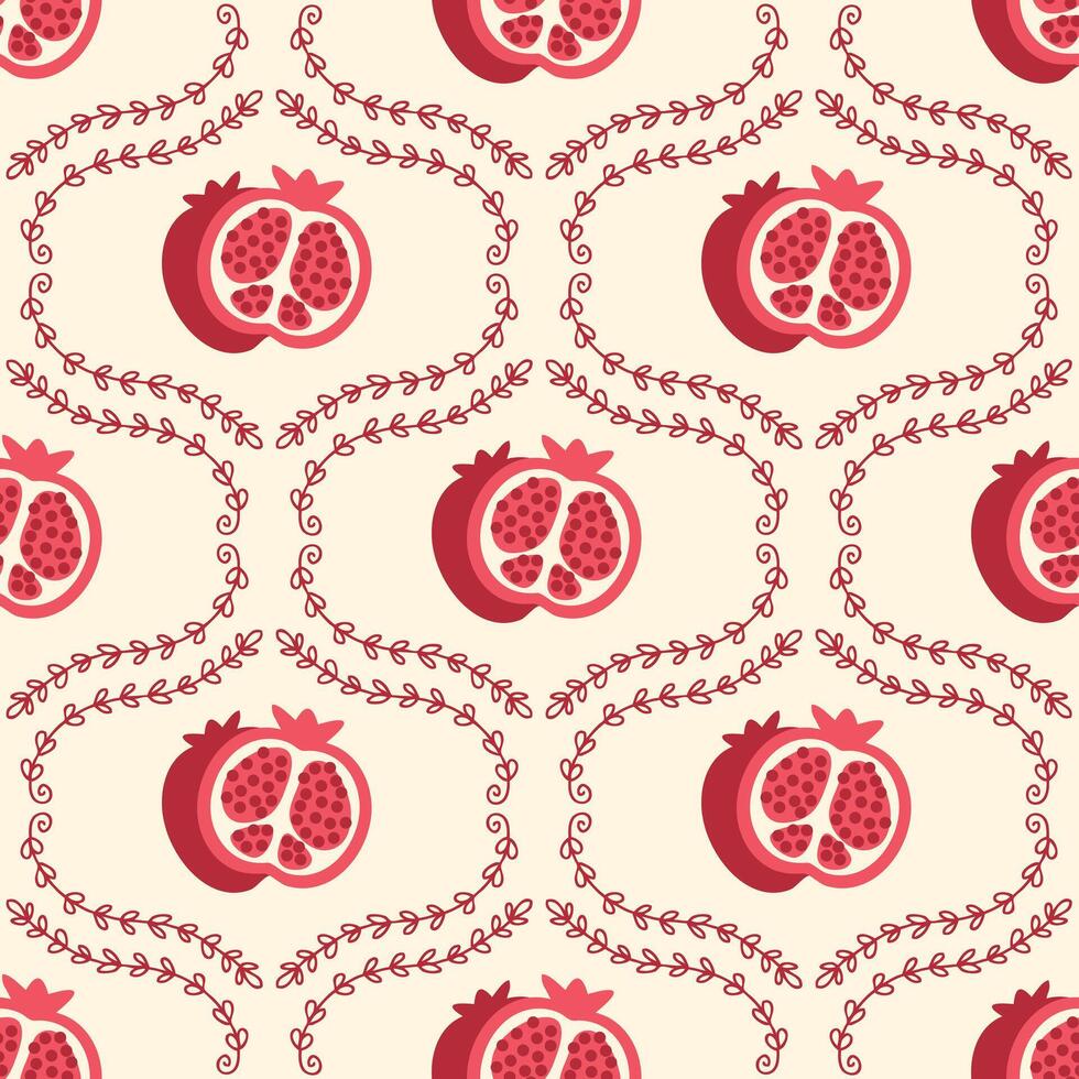 Doodle pomegranates fruits seamless pattern. Perfect background print for banner, card, textile, fabric, paper, sale. Hand drawn illustration. vector