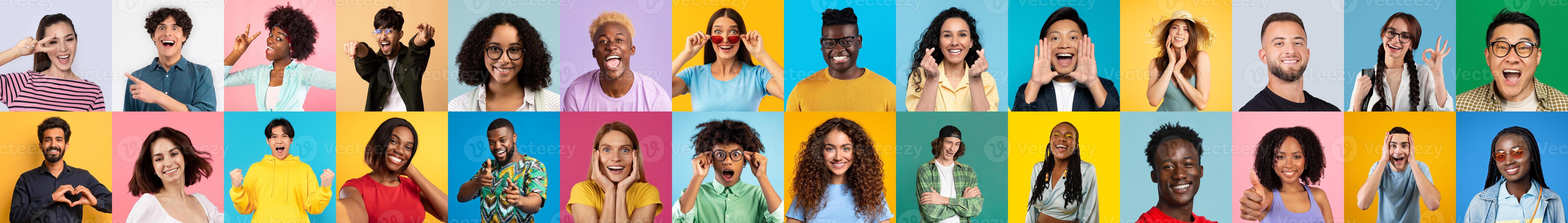 A delightful tapestry of joy is woven through a collage of multiracial and multiethnic faces, embodying a spirit of unity and international camaraderie among people photo