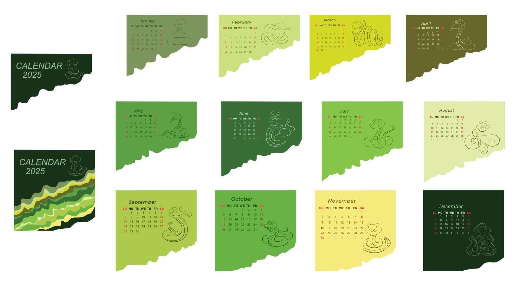 Desk calendar for 2025 on the theme of the symbol of the year - the snake. Calendar color in a green palette. . vector
