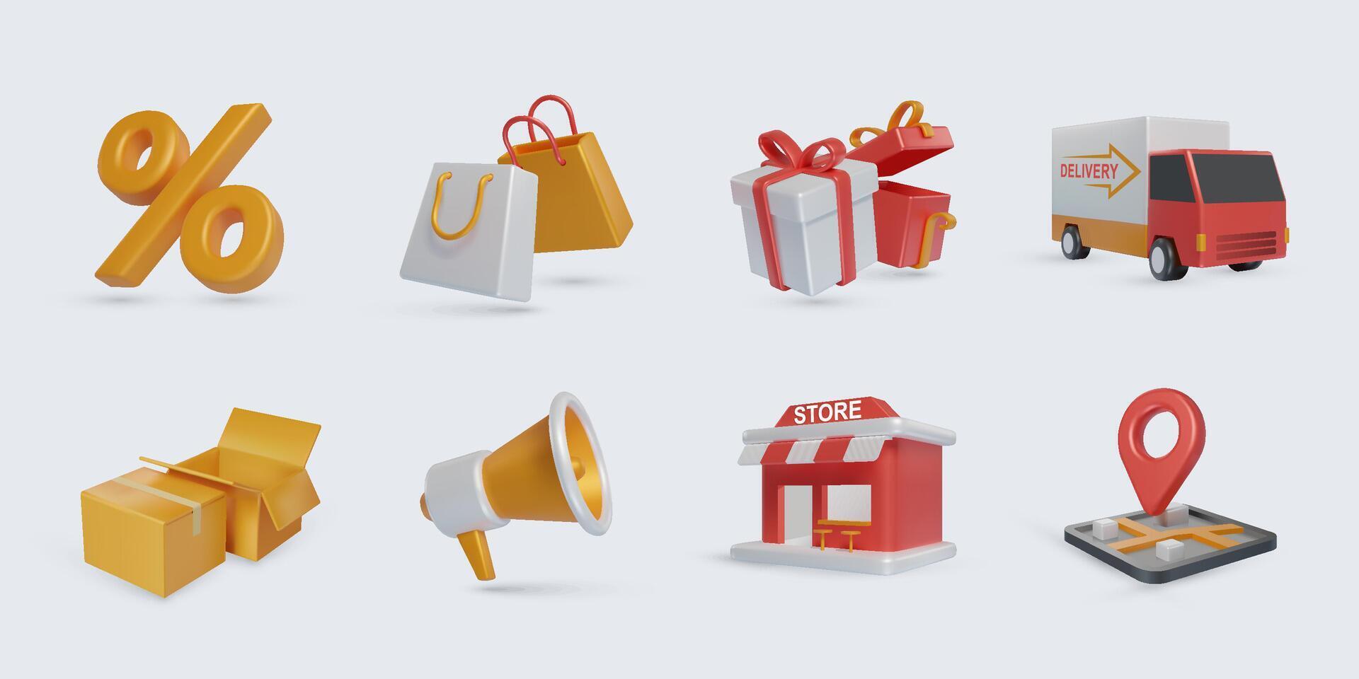 3d online shopping commerce icon collection vector