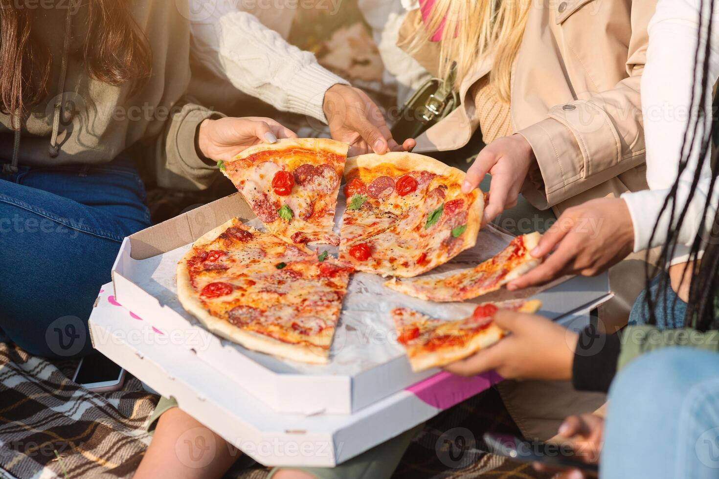 Close up of take away pizza and multiethnic teenagers hands, youngsters having picnic outdoors photo