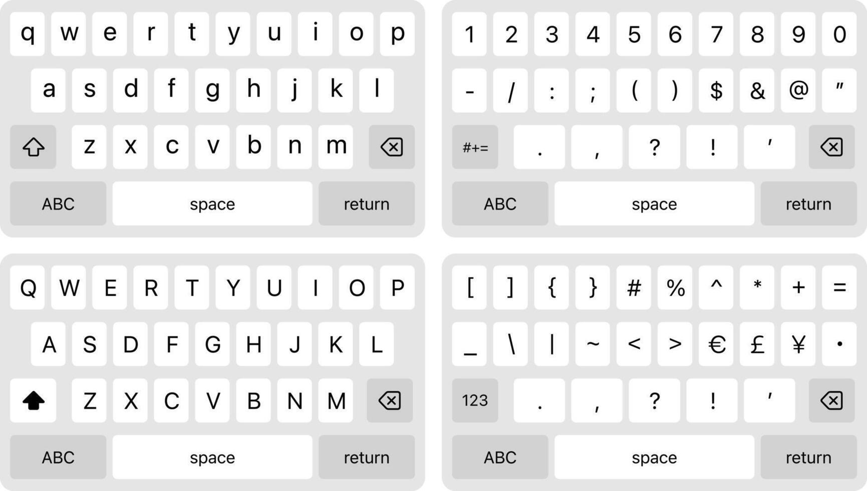 Smartphone keyboard. Light alphabet buttons. Keypad symbol modern simple icon. Numeric, uppercase lowercase symbols keys. Phone mockup vector