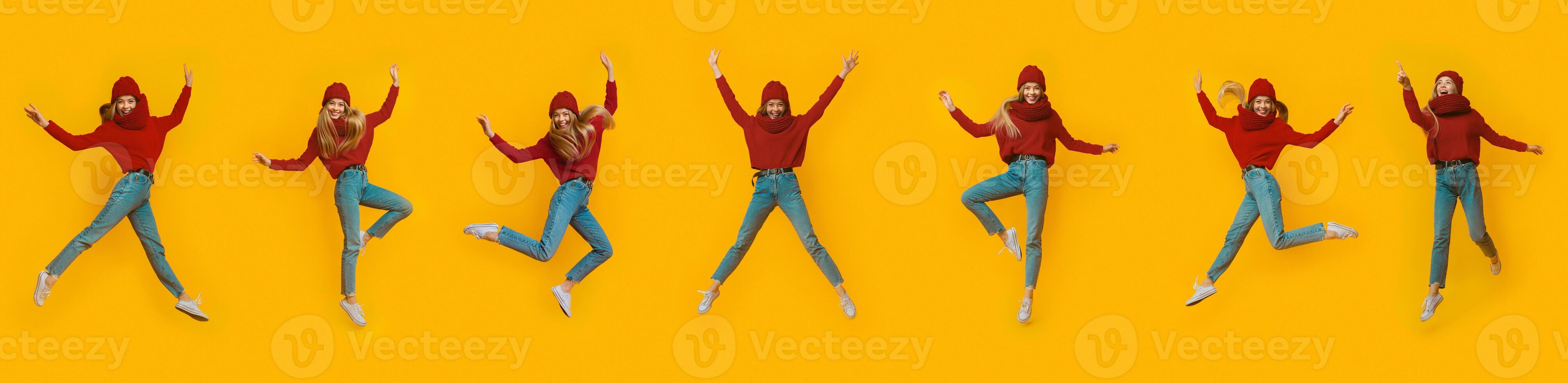 Collage of jumping carefree girl in blue knitted hat and scarf on yellow background, panorama photo