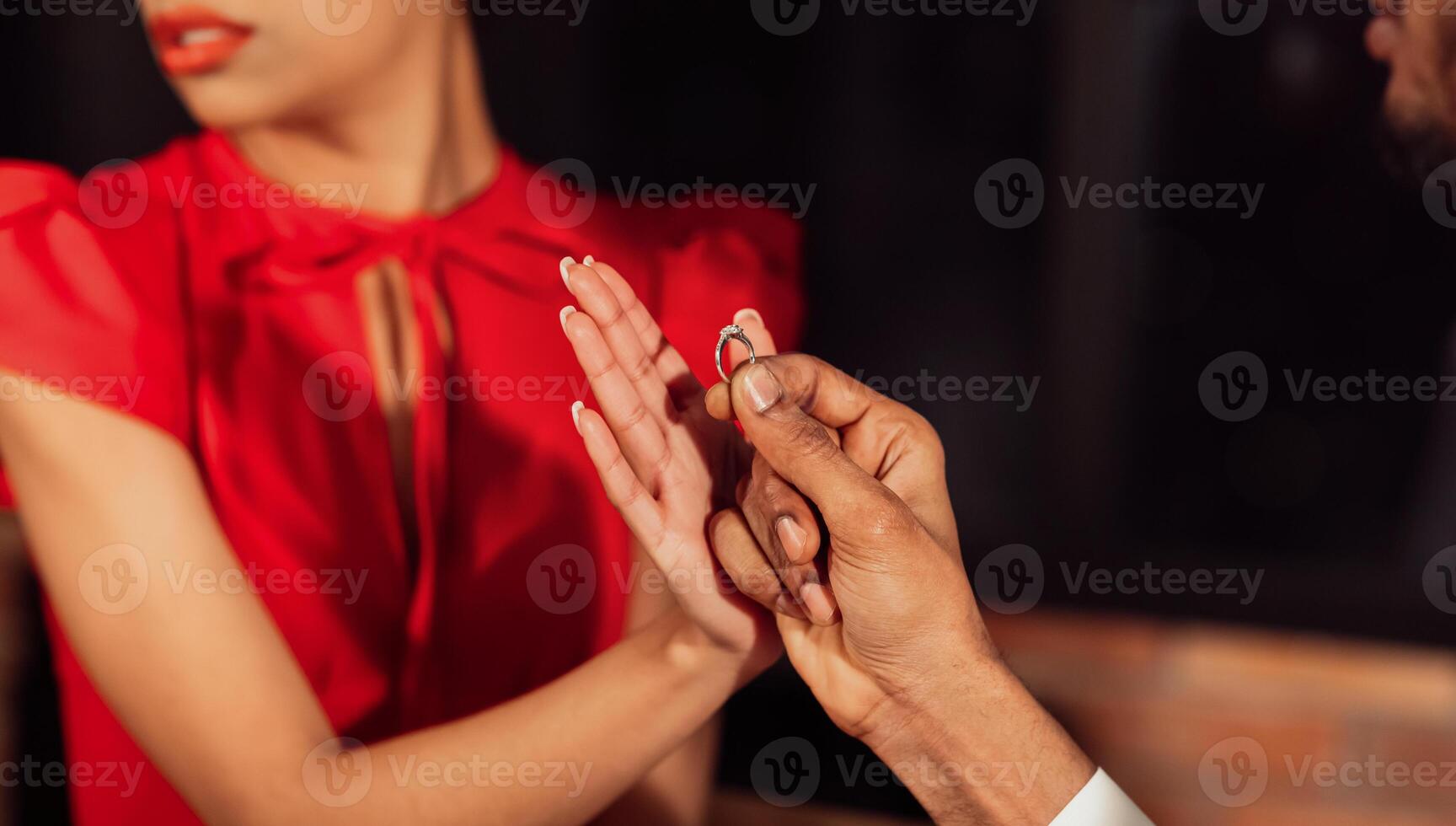 Declining Proposal. Unrecognizable Black Woman Refusing To Take Engagement Ring Rejecting Boyfriend In Restaurant. Panorama, Cropped photo