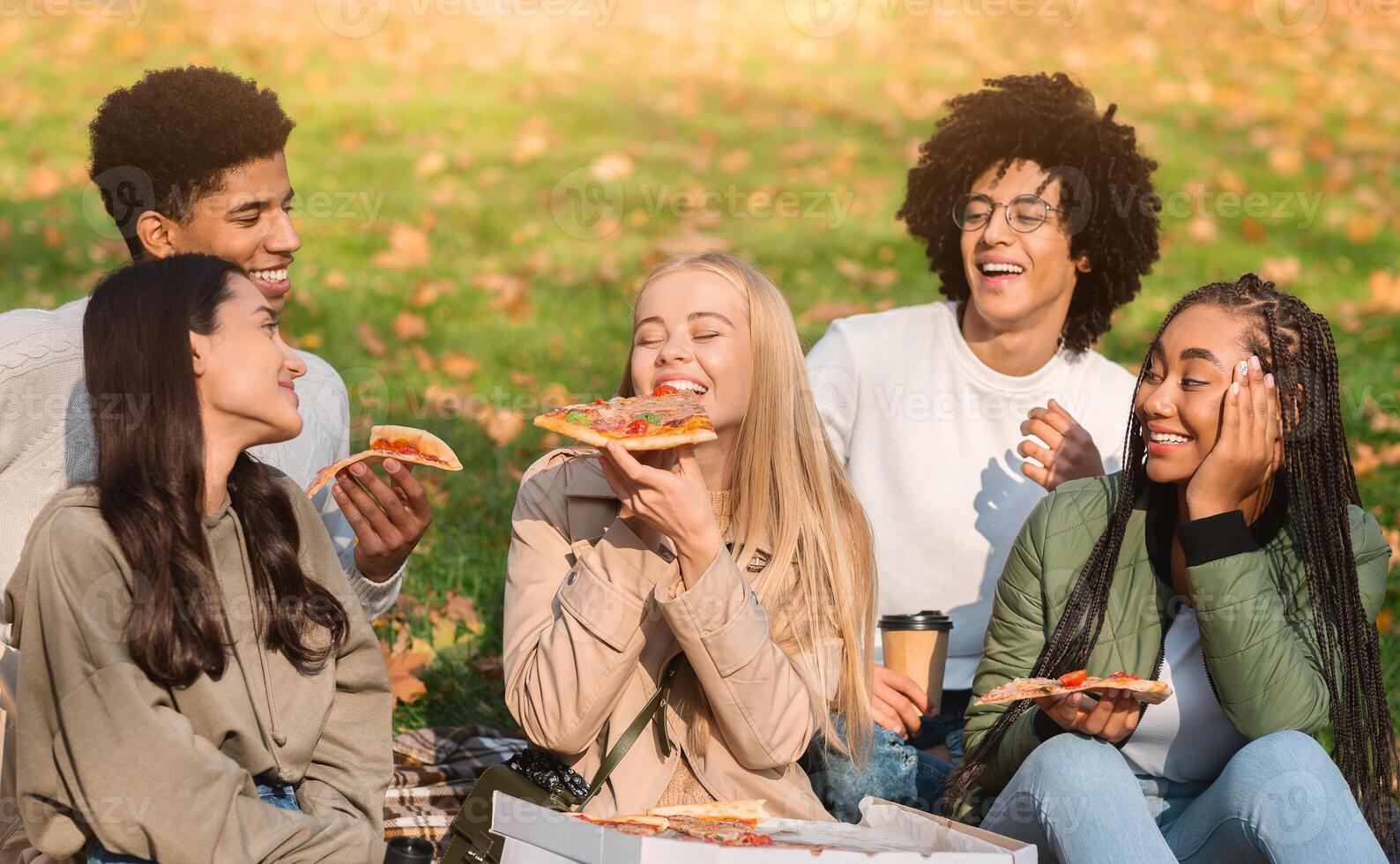 Blondy girl having picnic with her multiracial friends, enjoying tasty pizza outdoors photo